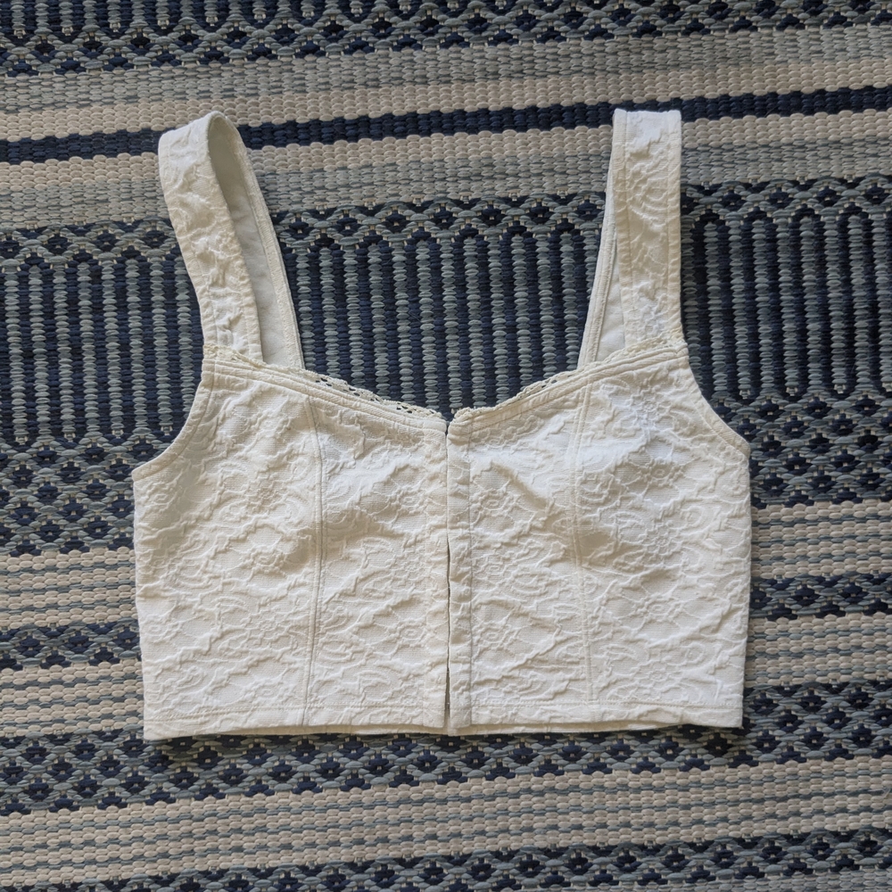 White Textured Floral Crop Top